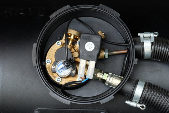 black car liquefied petroleum gas, LPG tank with meter close up