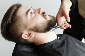 Hairdresser, cutting beard of his young handsome customer
