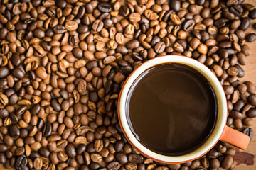 top view of espresso coffee and beans 
