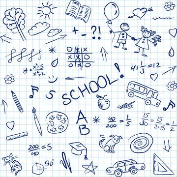 Back to school doodles in notebook, seamless pattern. Vector