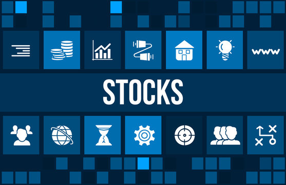 Stocks concept image with business icons and copyspace.
