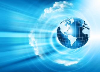 Best Internet Concept of global business. Globe and glowing lines on technological background. Electronics, Wi-Fi, rays, symbols of the Internet, television, mobile and satellite communications