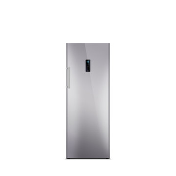 Shiny grey steel freezer isolated on white. Glossy finish. The external LED display, with blue glow. Brushed stainless steel handle. Laminated.