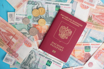 Passport with Russian money rubles