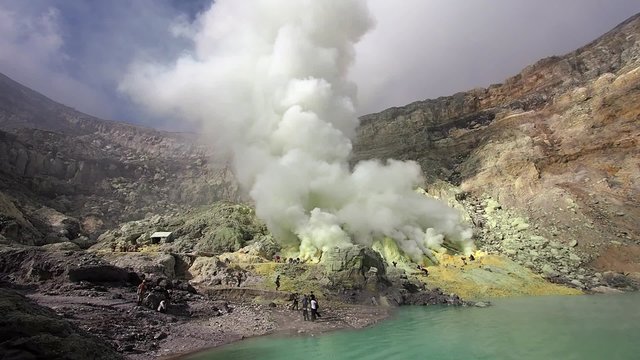 General view of sulfur mining operation at Kawah Ijen volcano in East Java, Indonesia.