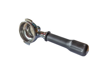 Espresso machine's metal portafilter isolated over the white bac