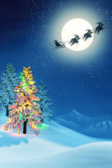 Christmas tree and Santa in moonlit winter landscape at night