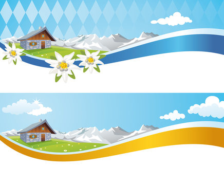 Oktoberfest banner background with alpine cabin, Bavarian Alps and Edelweiss