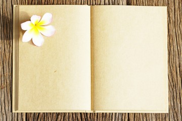 Notebook with pencil and plumaria flower on wood table