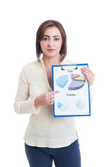 Casual business woman showing clipboard with financial and sales