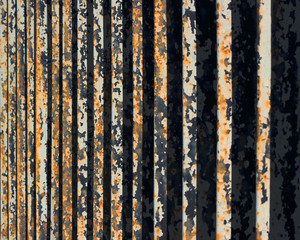 Flaking paint on rusty metal fence, perspective view