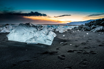 Icebergs at sunset, Jokulsarlon ice lagoon in Iceland