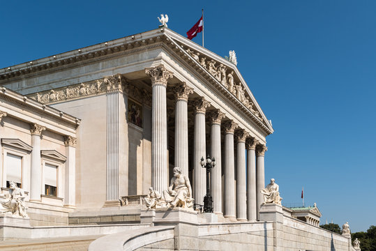 Built In 1883 The Austrian Parliament Building (Parlamentsgebaude) in Vienna is where the two houses of the Austrian Parliament conduct their sessions.