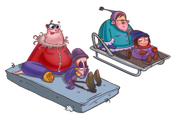 Riding on a sledge, two couples of boys and girls. Winter festivity illustration. Digital background raster image.