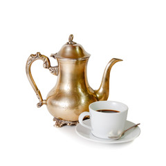Coffee pot and cup of coffee isolated on white