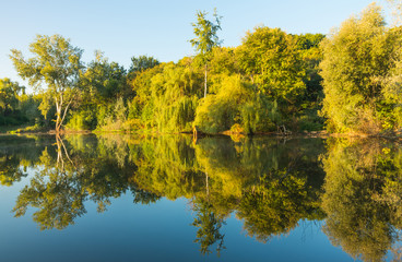 Sunny day on a calm river in summer