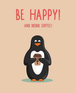Fototapeta Cute cartoon penguin with coffee cup on pastel background. Lettering Be happy and drink coffee