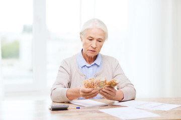 senior woman with money and papers at home