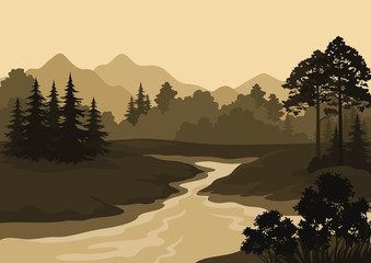 Landscape, Trees, River and Mountains