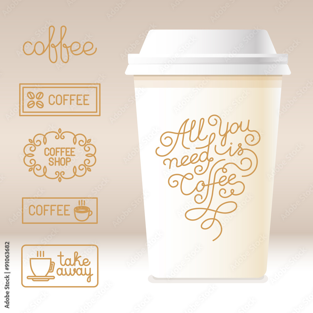 Poster vector take away coffee cardboard cup with linear design element