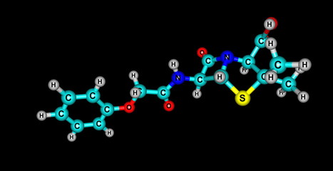 Penicillin V molecular structure isolated on black