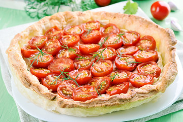 Tomato pie on white plate