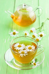 Cup of tea with chamomile flowers