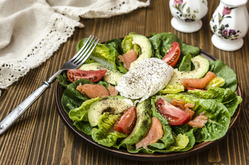 Avocado Salad with Romano tomato salmon and poached egg seasoned dressing green oil  