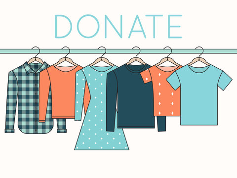 Shirts, Sweatshirts And Dress On Hangers. Donate Clothes Outline Illustration