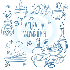 Icon item set ayurveda wellness, spa, with oil bottles, ingredients, water bowl, oil treatment sketch. Hand drawn doodle vector illustration.