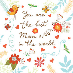 Happy Mothers's Day card with flowers and birds