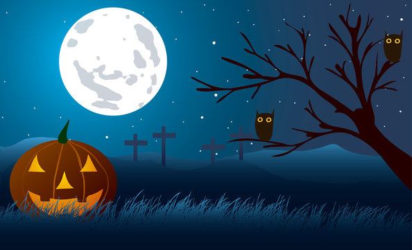 Halloween. Pumpkin background wooden crosses and with owls.
