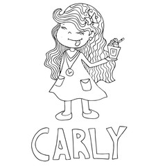 The simple outline drawing for coloring with the image of children of different name characters and education on the white background