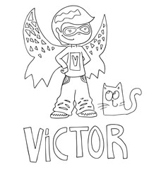 The simple outline drawing for coloring with the image of children of different name characters and education on the white background