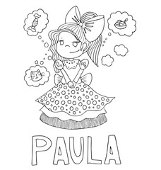 The simple outline drawing for coloring with the image of children of different name characters and education on the white background