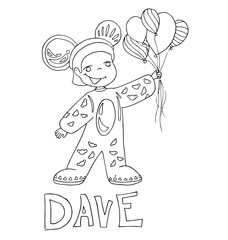 The simple outline drawing for coloring with the image of children of different name characters and education on the white background