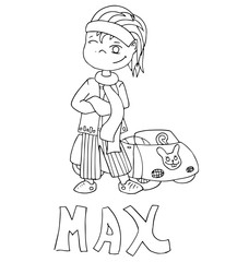 The simple outline drawing for coloring with the image of children of different name characters and education