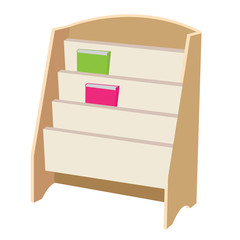 A wooden bookshelf with a green and red book. © Jakinnboaz