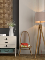 Stylish composition with a white chest of drawers and a chair