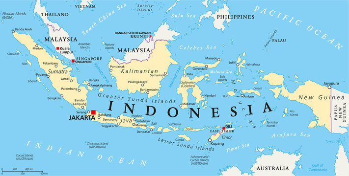 Indonesia political map with capital Jakarta, national borders and important cities. English labeling and scaling. Illustration.