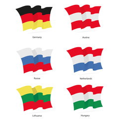 Flags Germany, Austria, Russia, Netherlands, Lithuania, Hungary waving in the wind in vector
