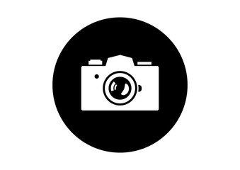 Black and white camera icon on white background