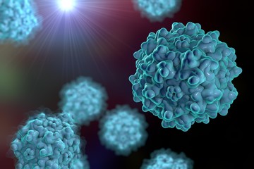 Background with viruses. Adeno-associated virus serotype 1. Virus is used as a vector for gene therapy. A model is built using data of viral macromolecular structure from Protein Data Bank (PDB 3NG9)