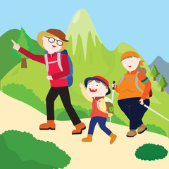 A picture of a family hiking up a mountain.