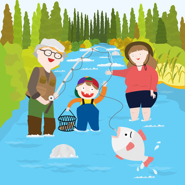 A picture of a family fishing in a river.
