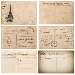 Antique french postcard  with stamp from Paris. Scrapbook elemen
