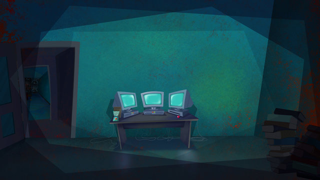 Three Computers on a Table in a Living Room. Science Laboratory. Digital background raster illustration.