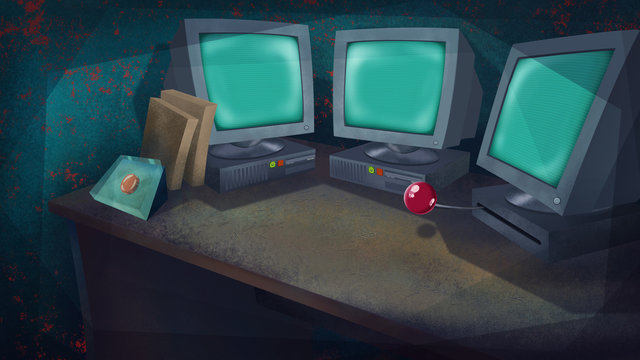 Three Computers and a Red Button on a Table in a Living Room. Science Laboratory. Digital background raster illustration.