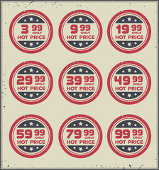 Set of retro price vector round badges. 