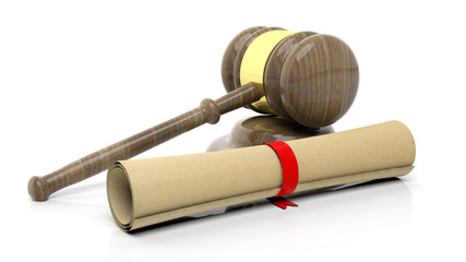 Fototapeta premium Gavel with scroll, isolated on white background